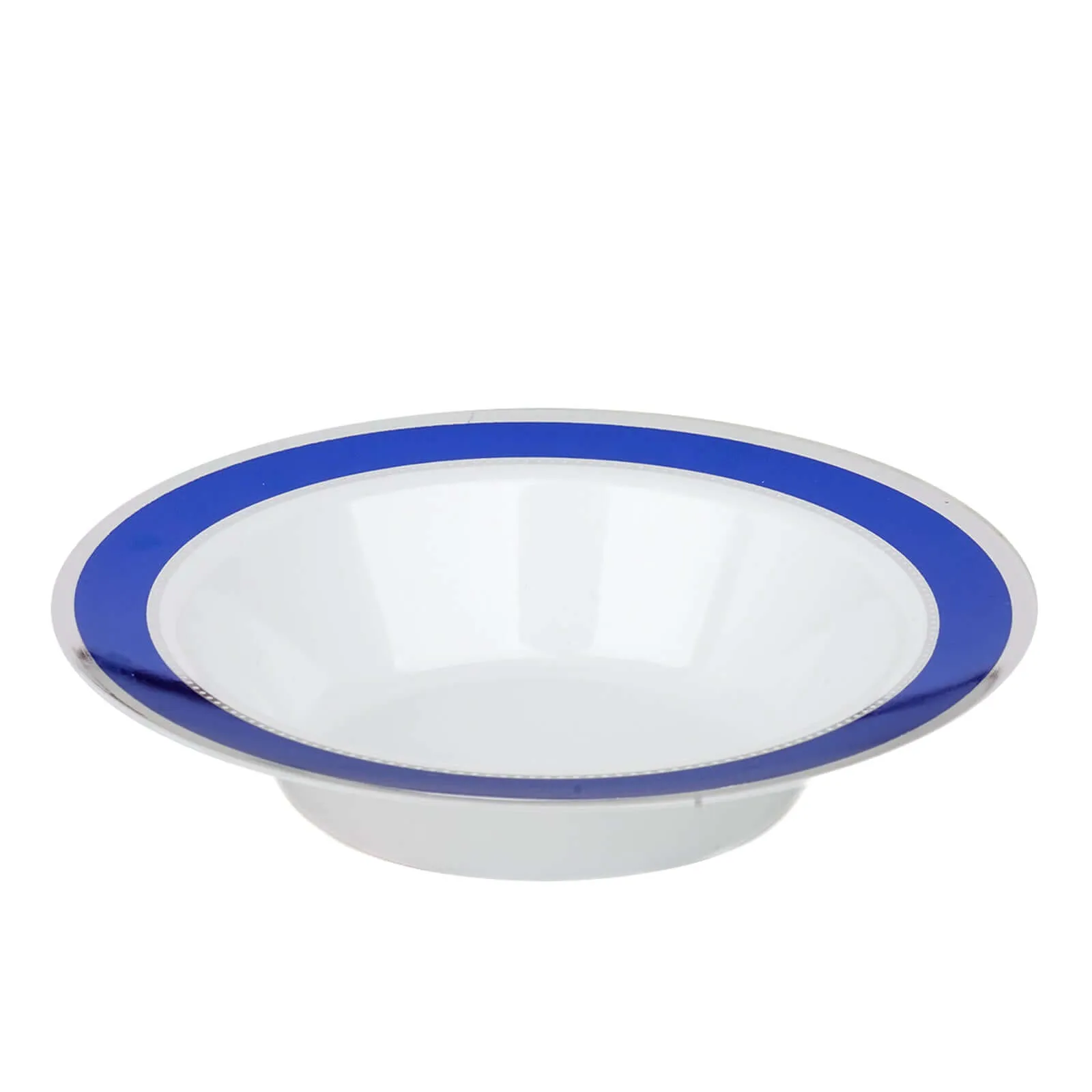 10 Pack White Round 12oz Disposable Plastic Soup Bowl With Royal Blue and Silver Rim