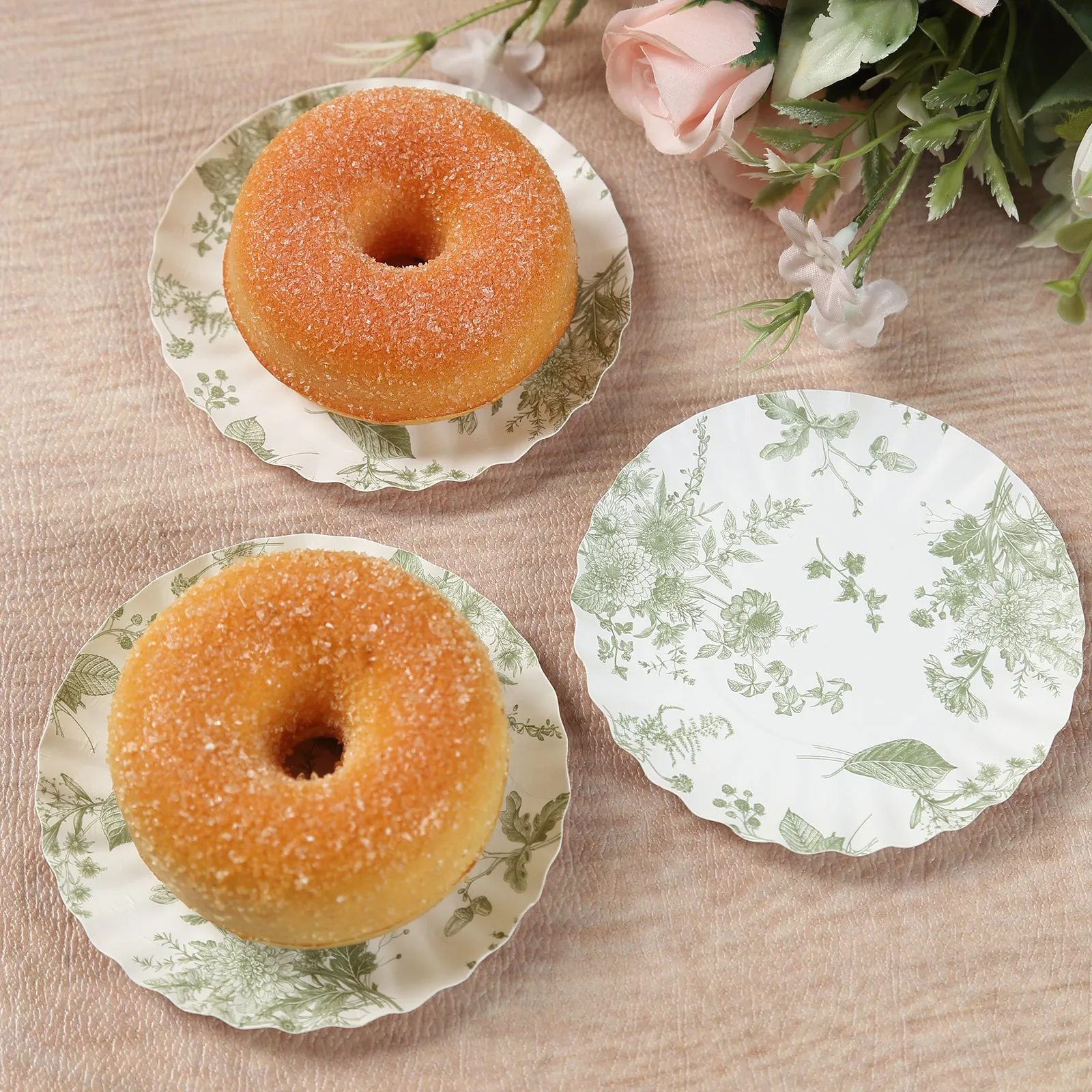 100 Pack White Sage Green French Toile Mini Party Plates with Scalloped Rim, 3.5" Disposable Round Tapas Paper Dessert Plates - 250 GSM