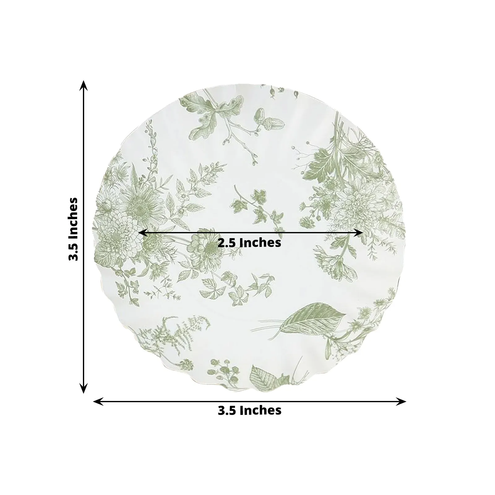 100 Pack White Sage Green French Toile Mini Party Plates with Scalloped Rim, 3.5" Disposable Round Tapas Paper Dessert Plates - 250 GSM