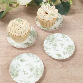 100 Pack White Sage Green French Toile Mini Party Plates with Scalloped Rim, 3.5" Disposable Round Tapas Paper Dessert Plates - 250 GSM