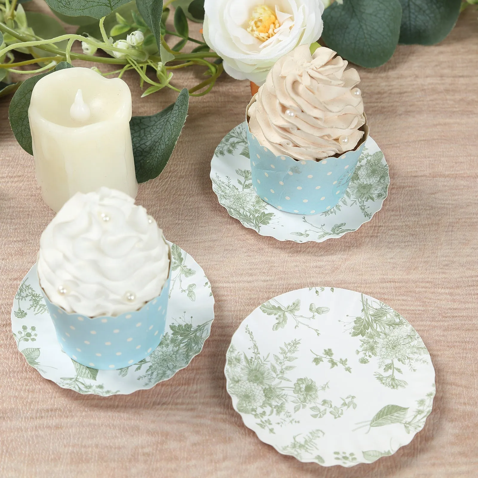 100 Pack White Sage Green French Toile Mini Party Plates with Scalloped Rim, 3.5" Disposable Round Tapas Paper Dessert Plates - 250 GSM