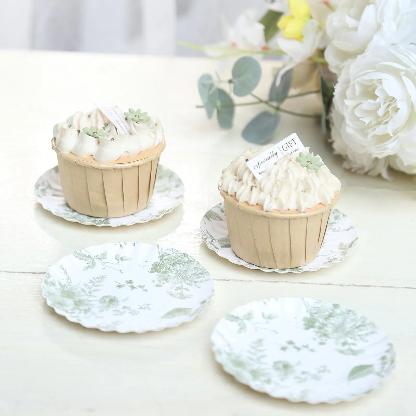 100 Pack White Sage Green French Toile Mini Party Plates with Scalloped Rim, 3.5" Disposable Round Tapas Paper Dessert Plates - 250 GSM