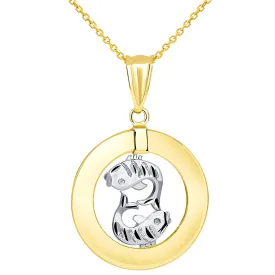 14k Two Tone Gold Open Circle Pisces Zodiac Sign Pendant Necklace