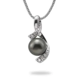 18" Tahitian Black Pearl Pendant Necklace in White Gold with Diamonds - 10-11mm