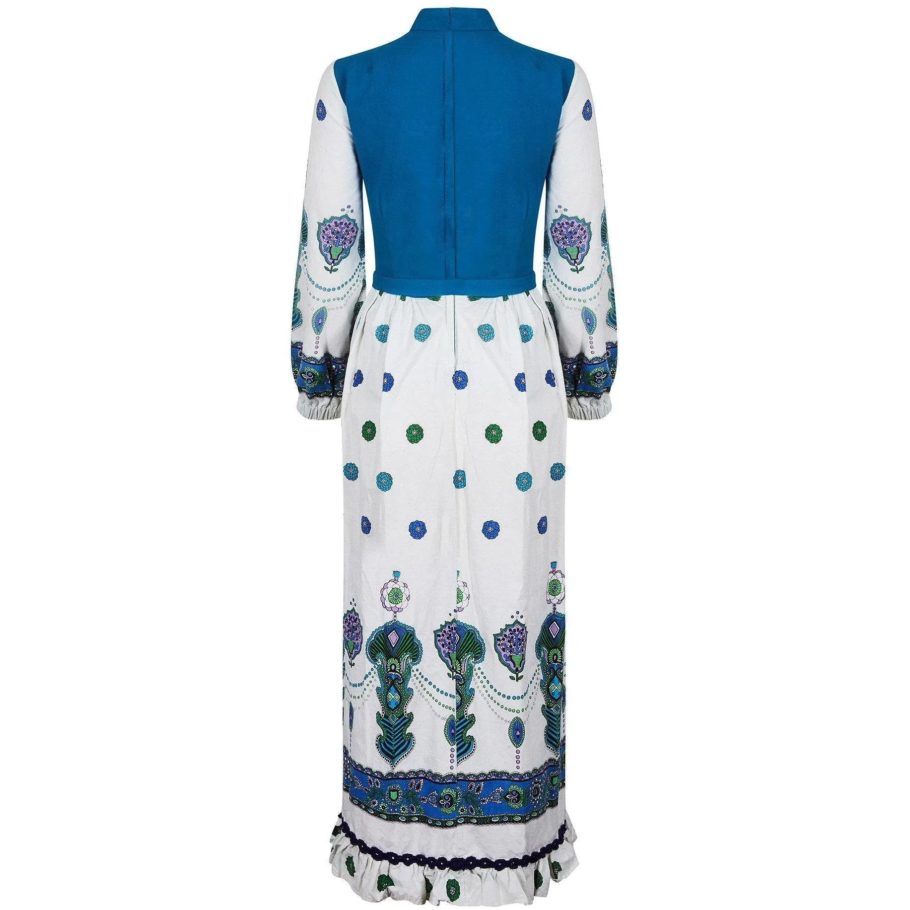 1960s Marion Donaldson Turquoise Crepe and Cotton Maxi Dress