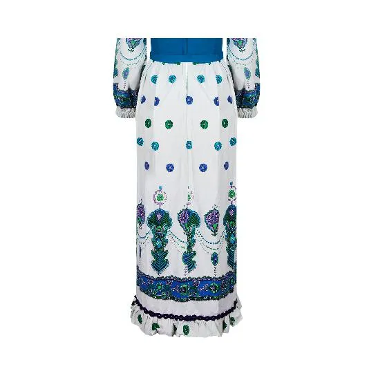 1960s Marion Donaldson Turquoise Crepe and Cotton Maxi Dress