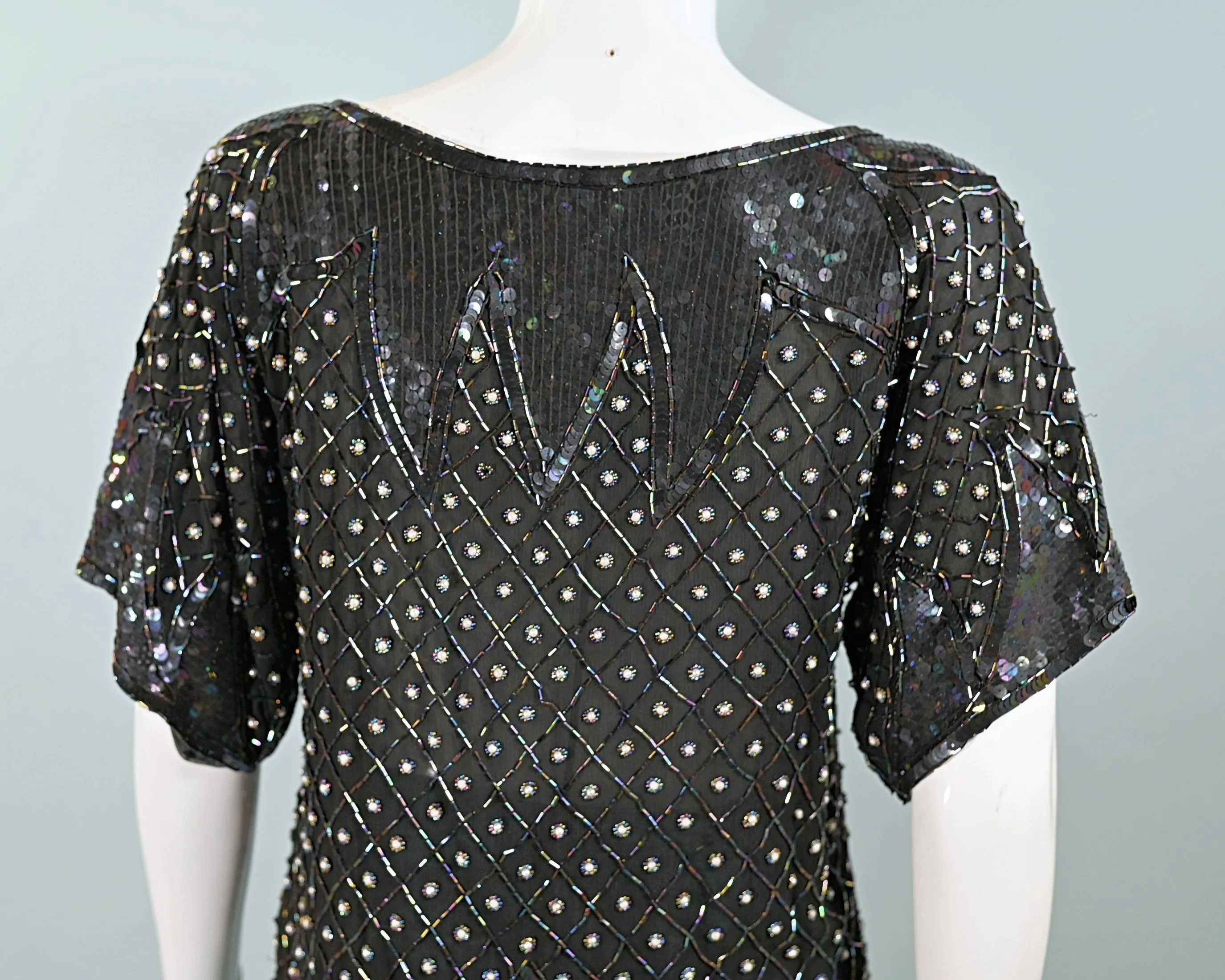 70s Black Silk Beaded/Sequin Top, Relaxed Fit Party Top S