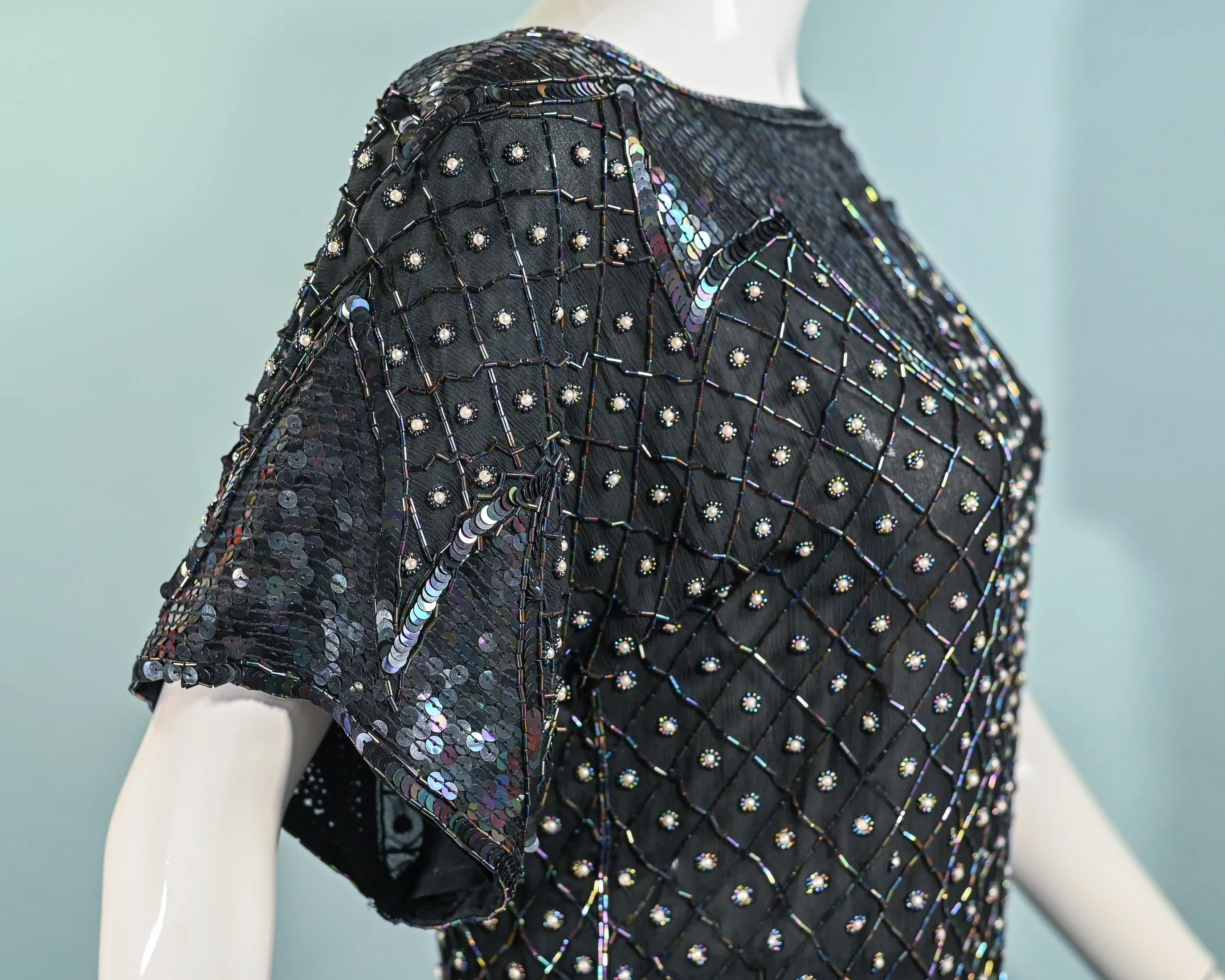 70s Black Silk Beaded/Sequin Top, Relaxed Fit Party Top S