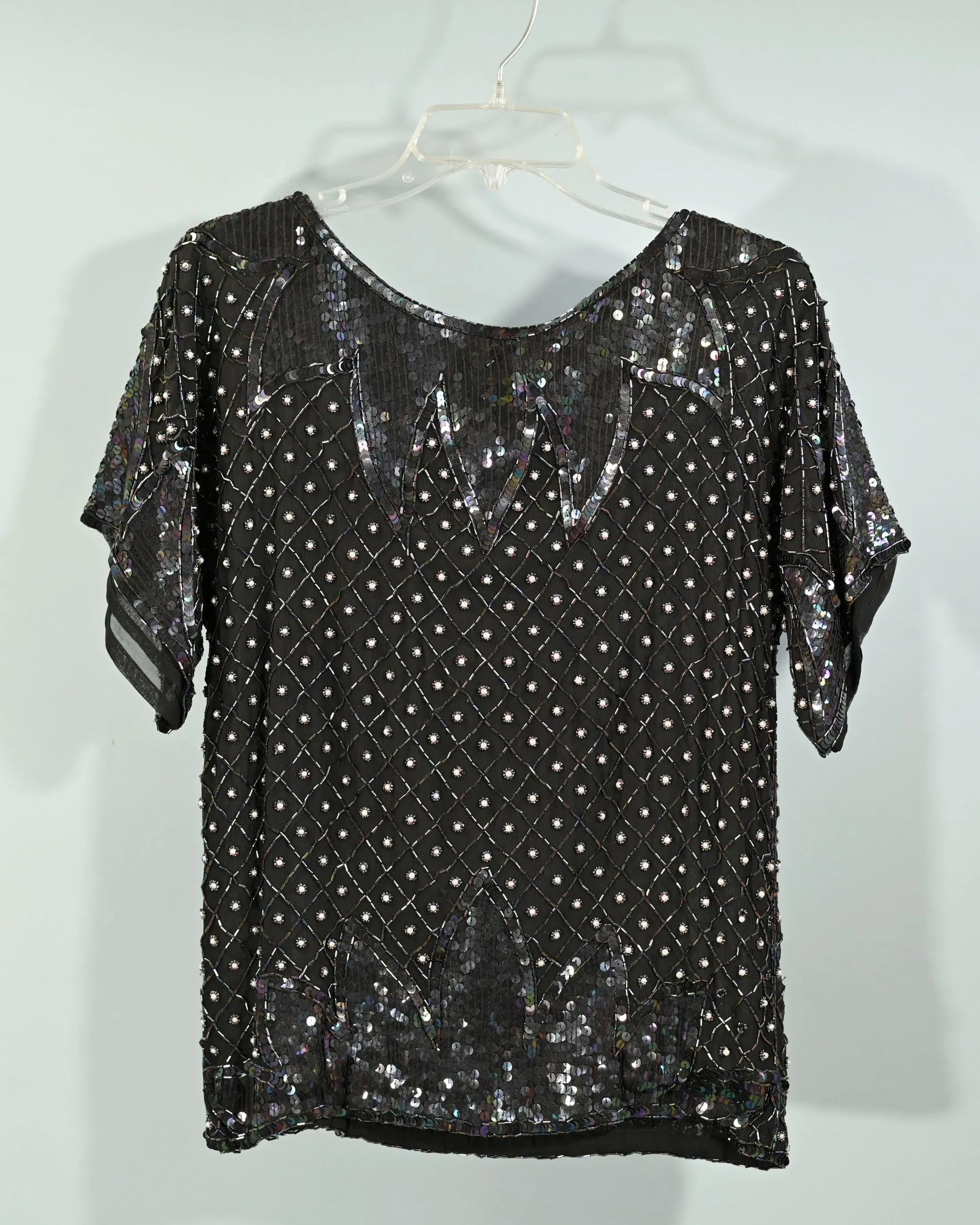 70s Black Silk Beaded/Sequin Top, Relaxed Fit Party Top S