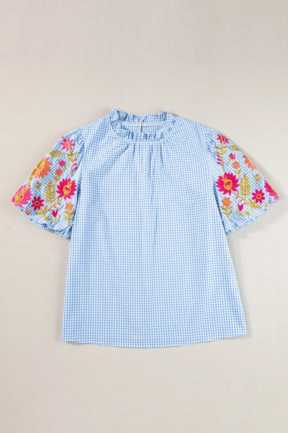 Anaya Embroidered Plaid Short Sleeve Blouse