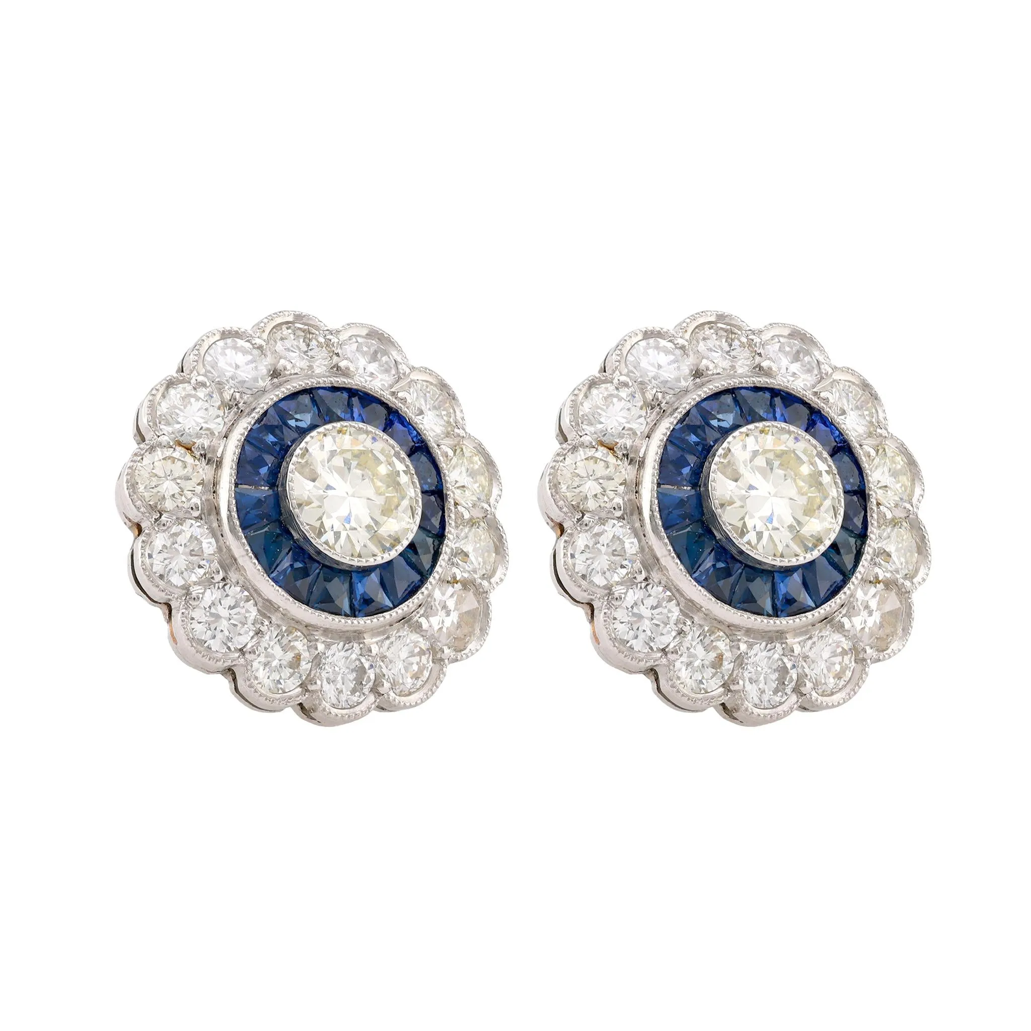 Art Deco Inspired Diamond Sapphire Platinum Halo Studs