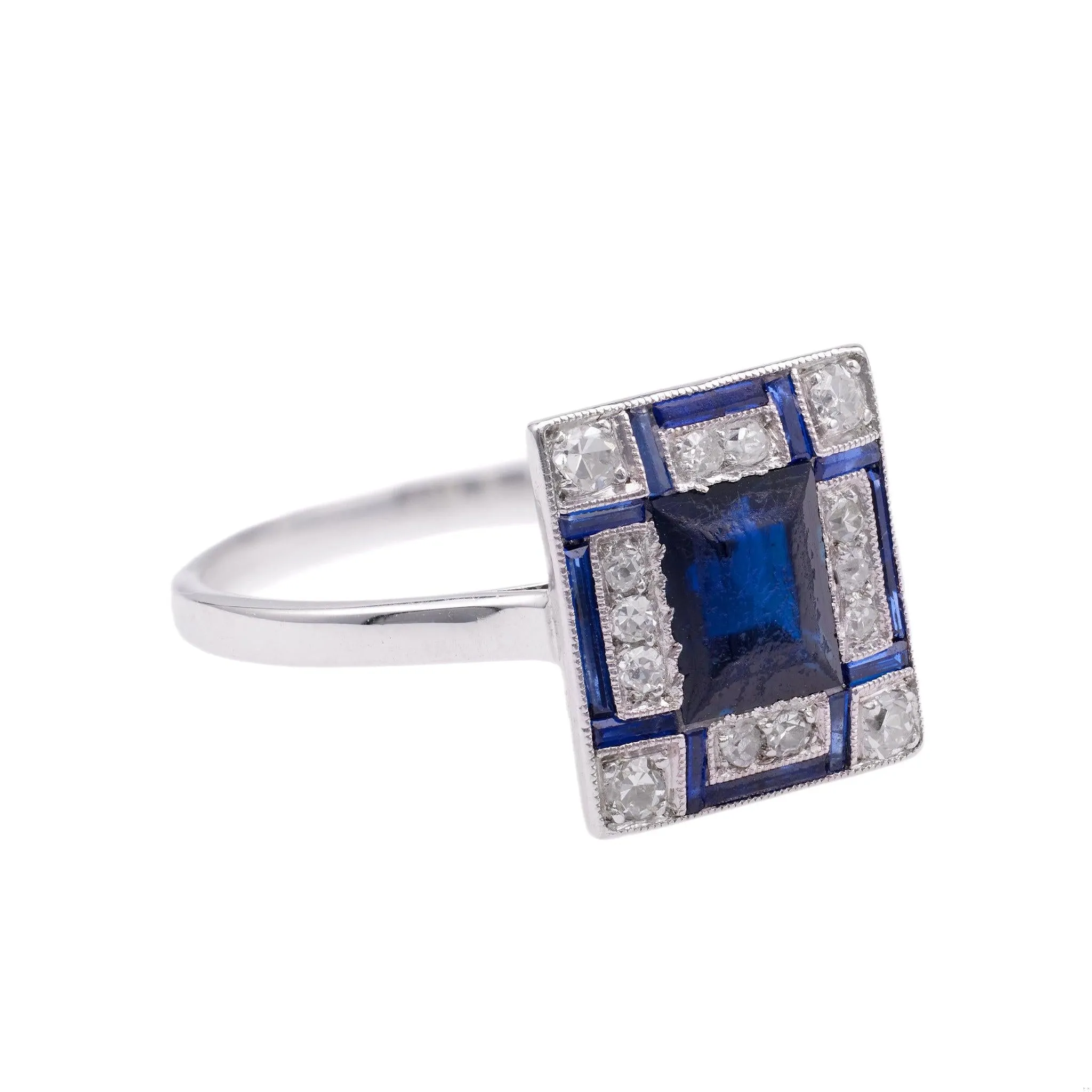 Art Deco Sapphire Diamond Platinum Geometric Ring