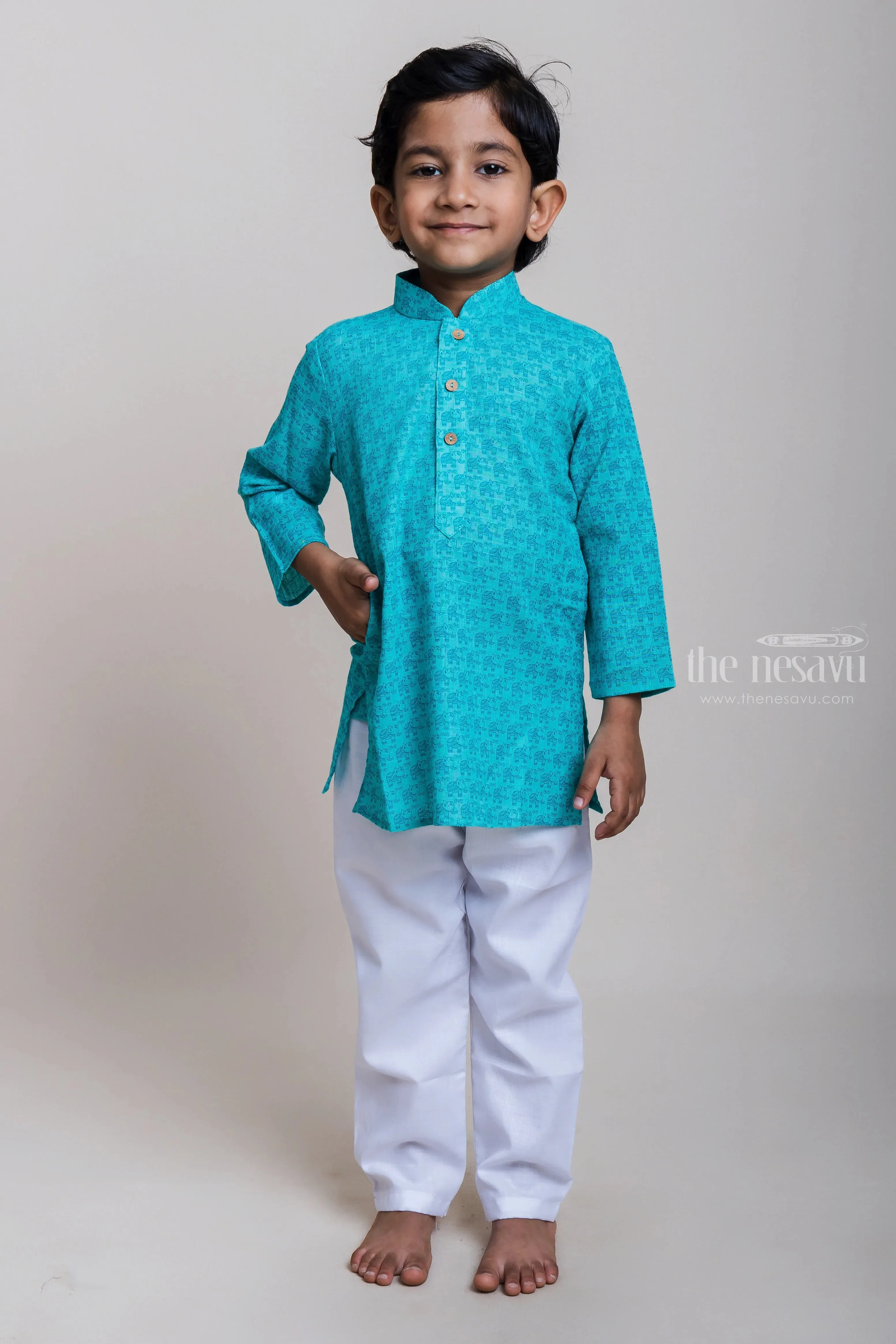 Attention-Grabbing Teal Green Full Hand Kurta And White Pant For Boys