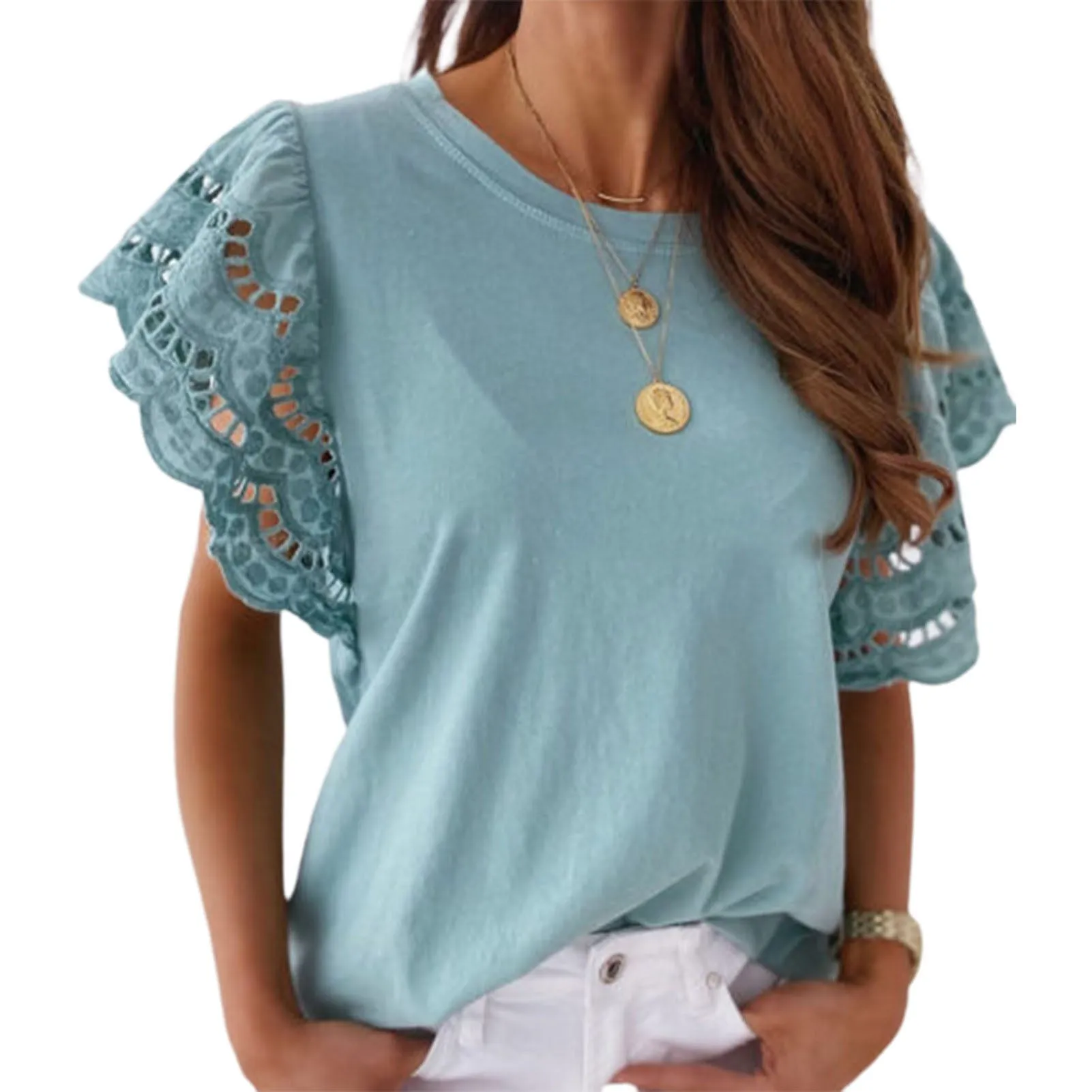 BerriesJam - 2024 Summer Hollow Out Casual O-Neck Ruffle T-Shirt