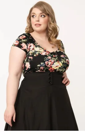 Black and Rose Floral Print Sweetheart Rosemary Top