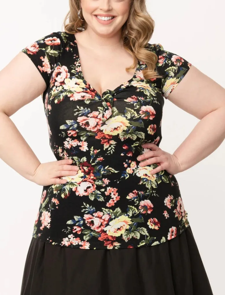 Black and Rose Floral Print Sweetheart Rosemary Top