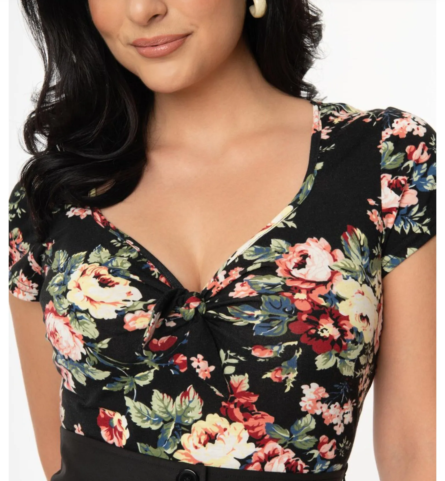 Black and Rose Floral Print Sweetheart Rosemary Top