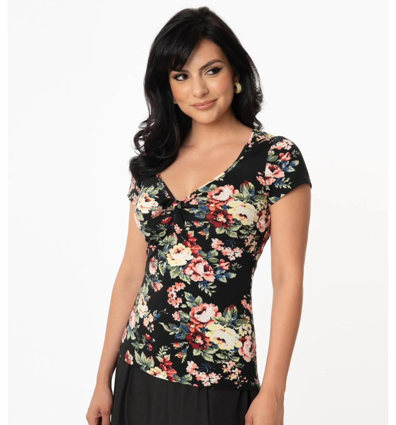 Black and Rose Floral Print Sweetheart Rosemary Top