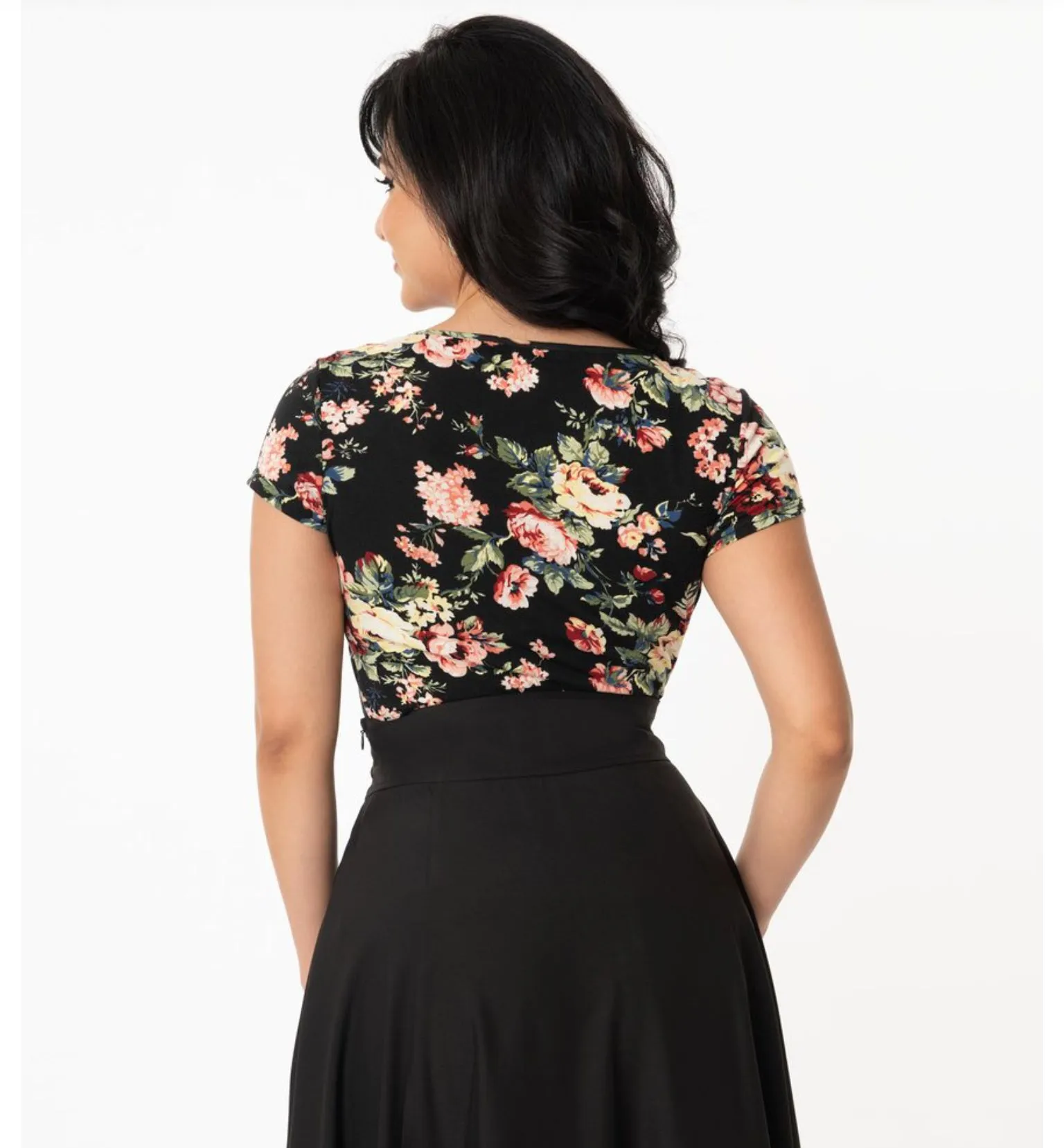 Black and Rose Floral Print Sweetheart Rosemary Top