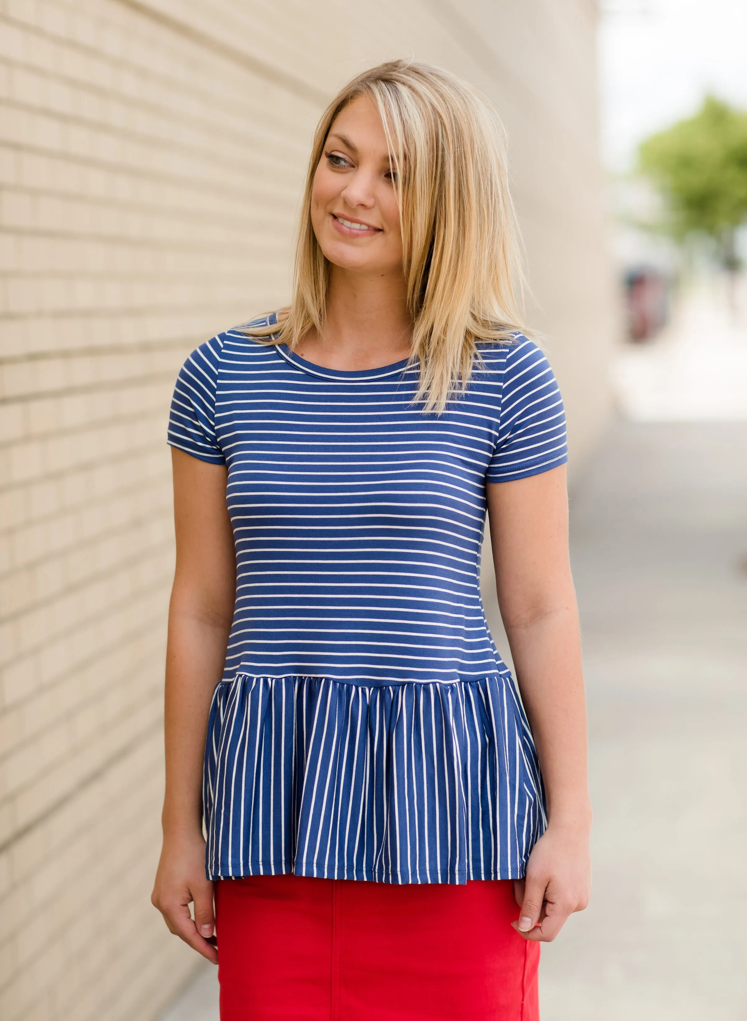 Blue and White Striped Peplum Top