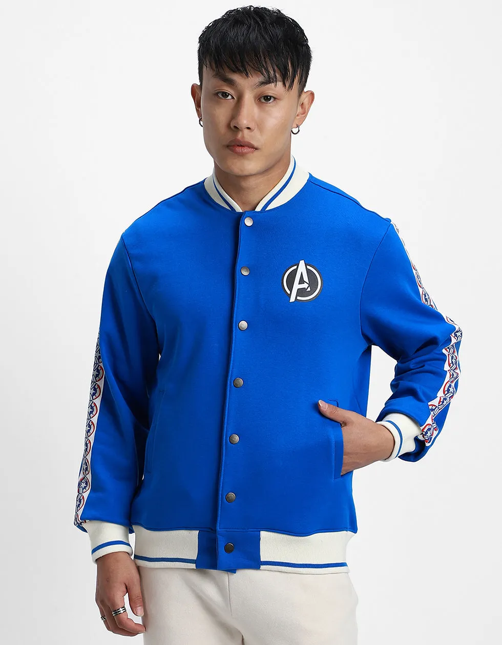 Blue Pocket Typographic Printed Varsity Jacket