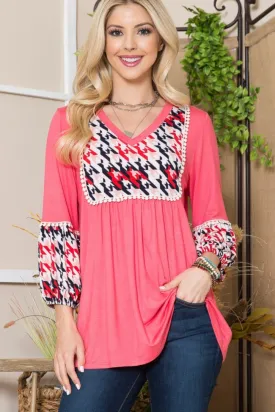 Celeste Full Size Houndstooth Front Yoke Balloon Sleeve Top