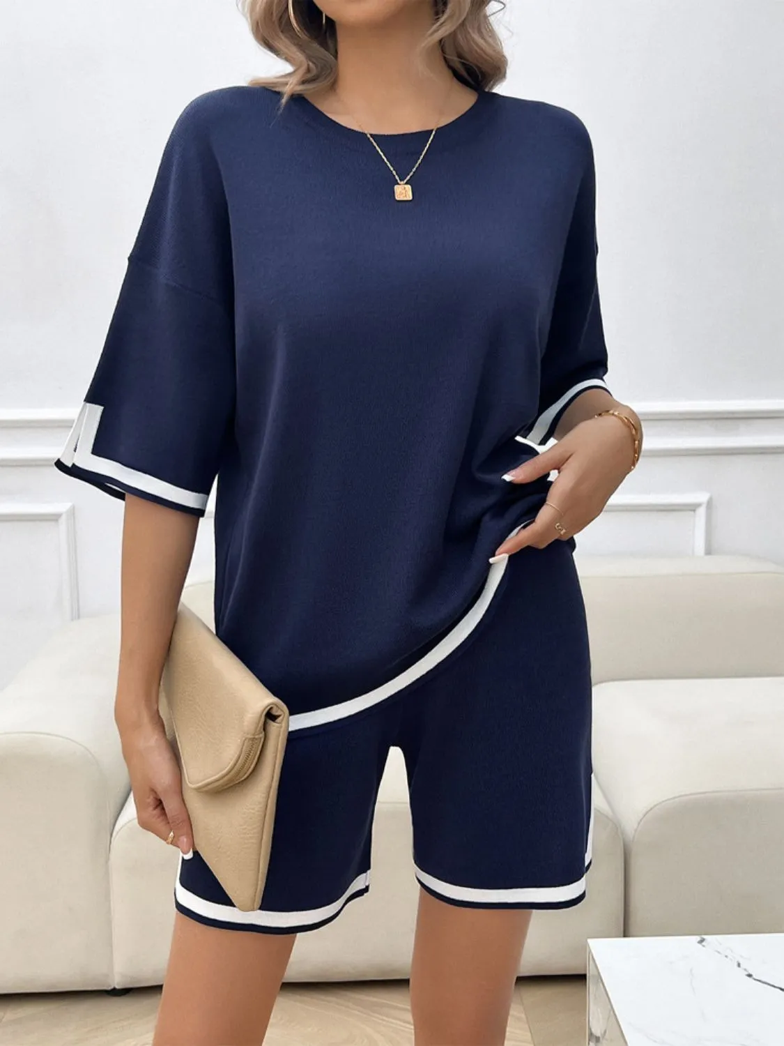 Contrast Trim Round Neck Top and Shorts Set