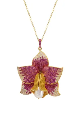 Daffodil With Pearl Pendant Necklace Gold Ruby CZ