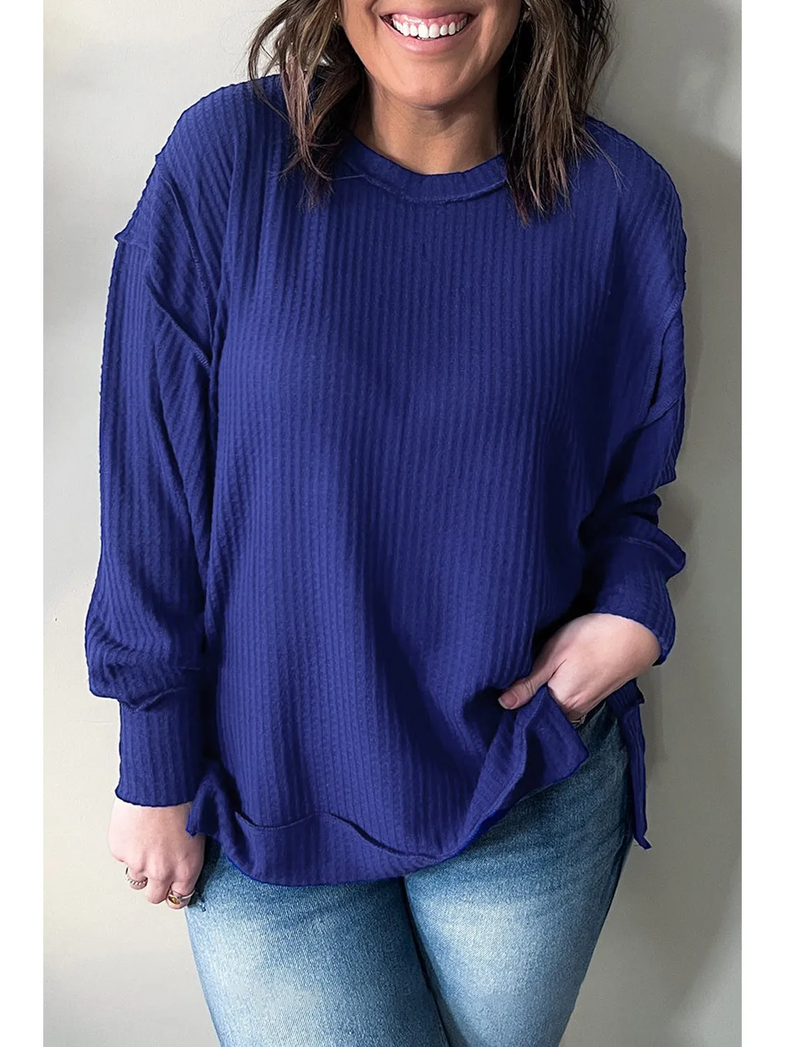 Dark Blue Waffle Knit Exposed Seam Patchwork Plus Size Top