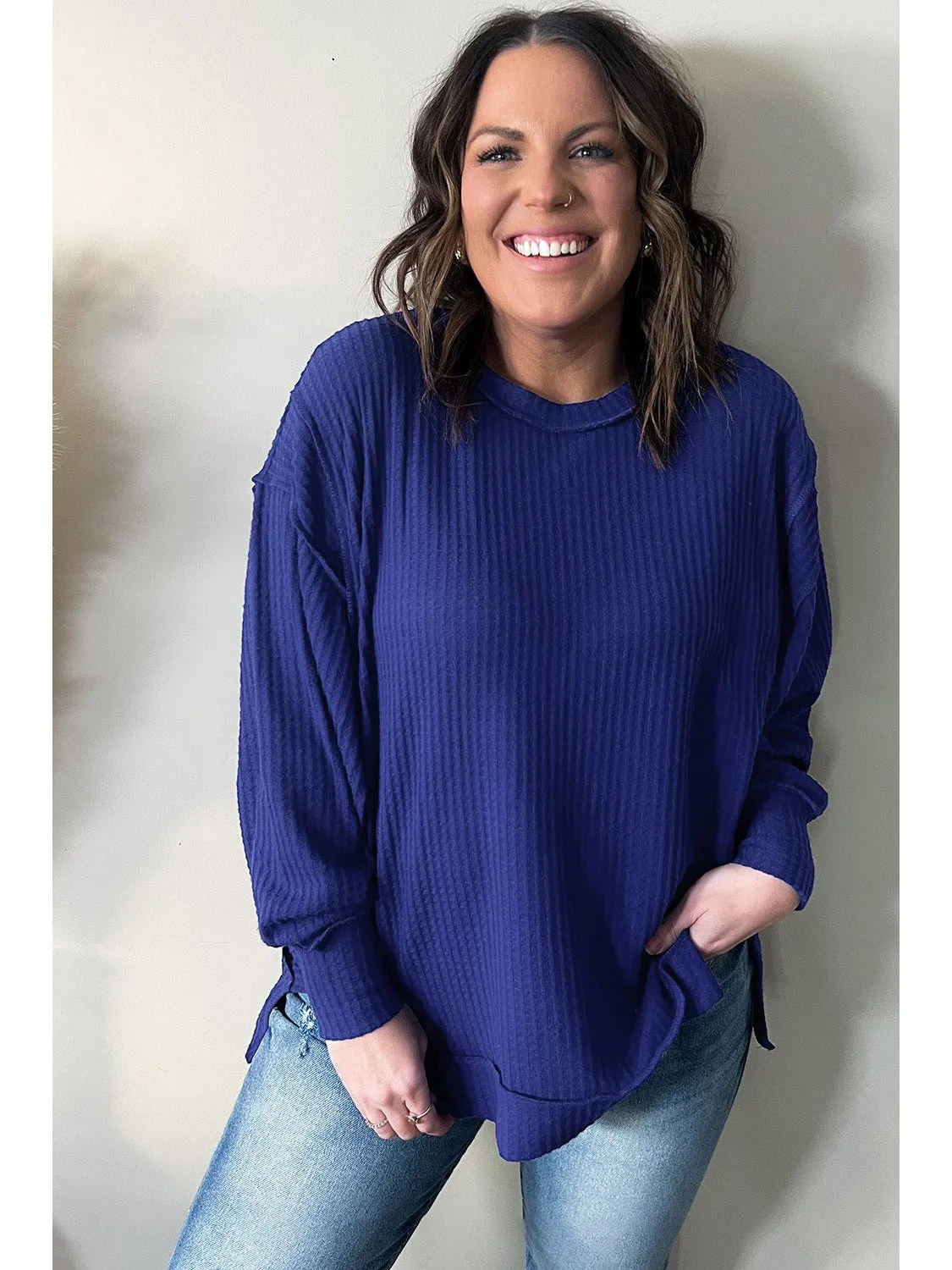 Dark Blue Waffle Knit Exposed Seam Patchwork Plus Size Top