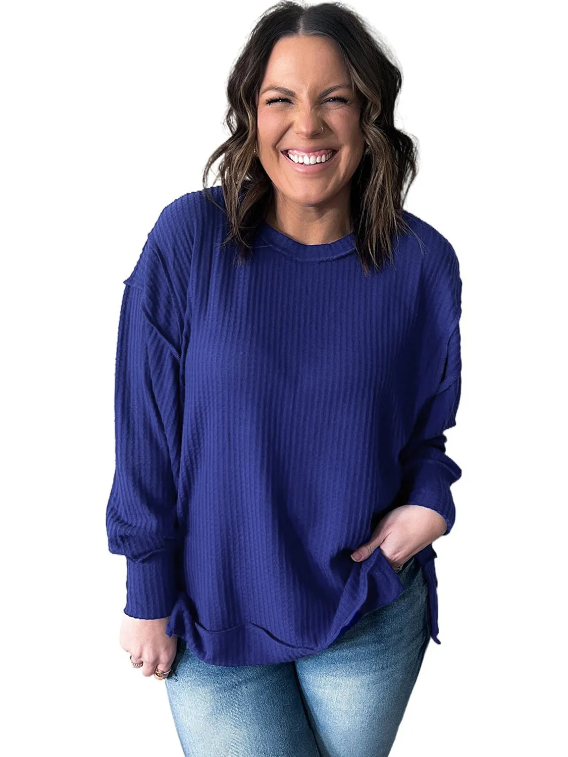 Dark Blue Waffle Knit Exposed Seam Patchwork Plus Size Top