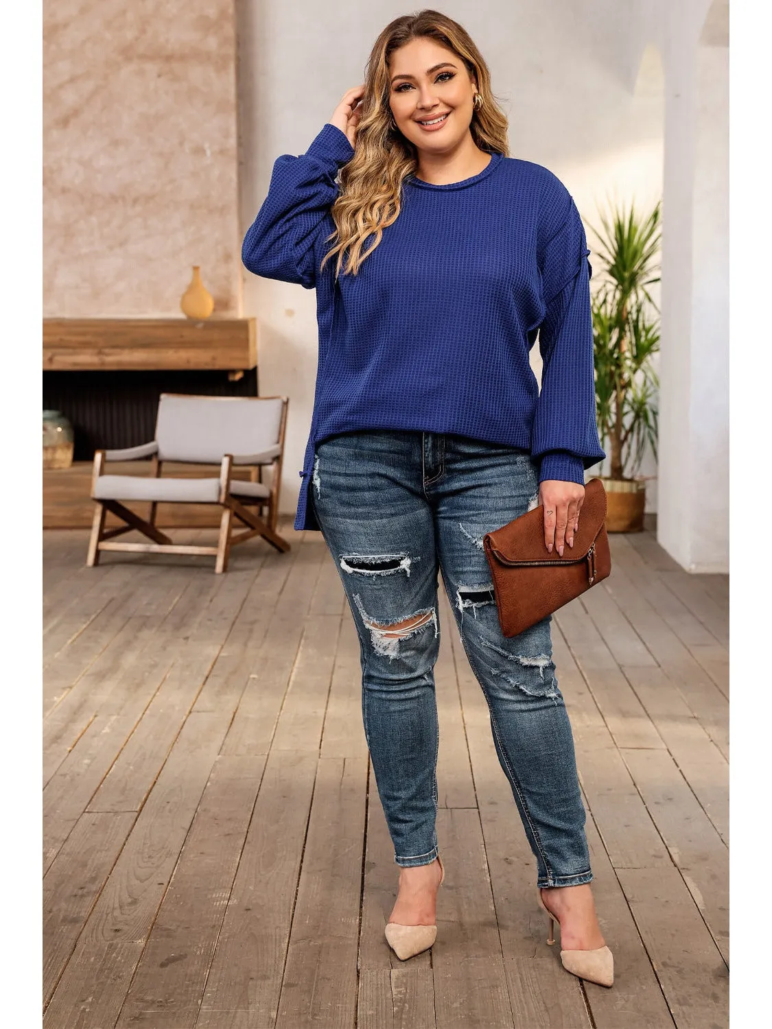 Dark Blue Waffle Knit Exposed Seam Patchwork Plus Size Top