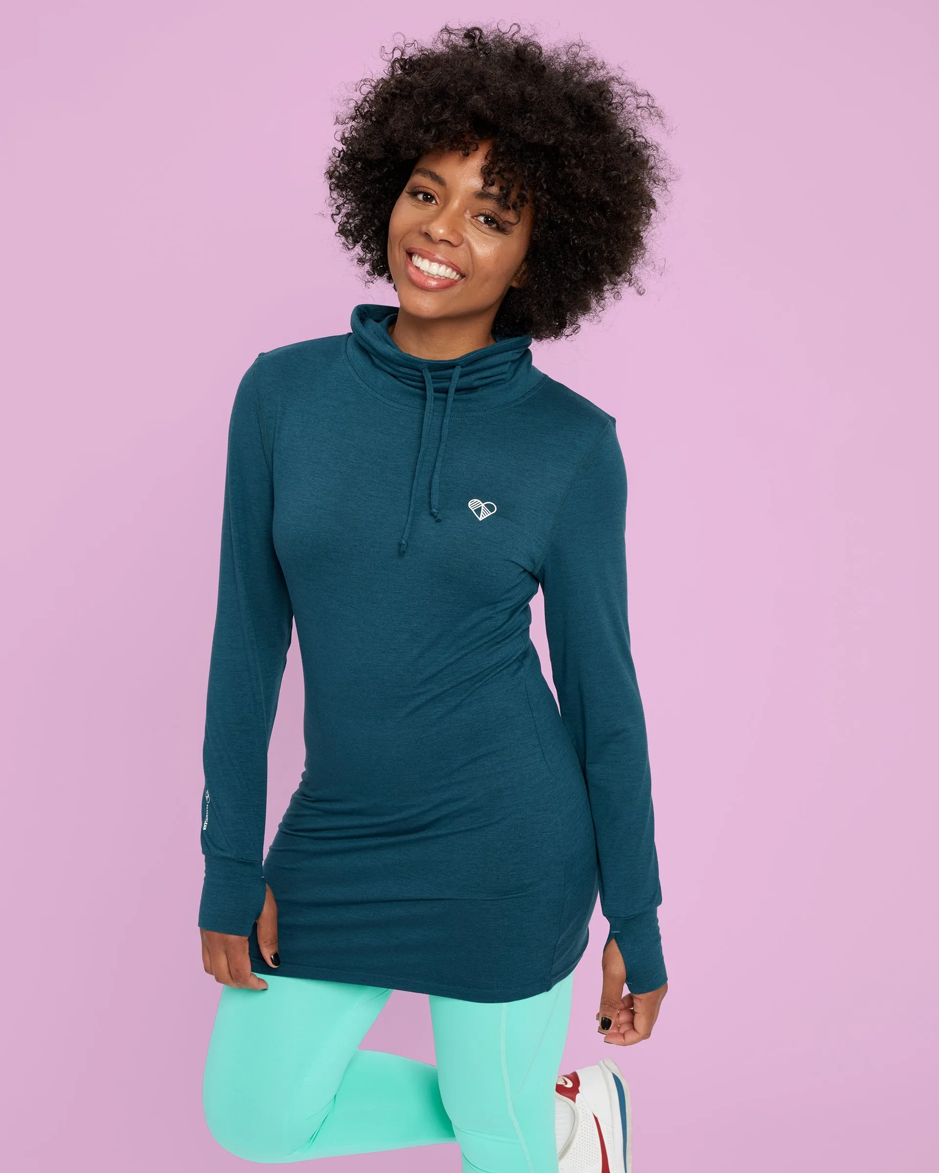 Dark Green Funnel Neck Long Top