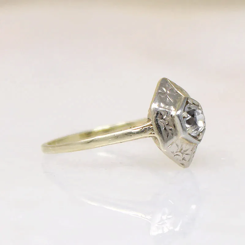 Decorative Old Mine Cut Diamond in White & Green Gold Ring