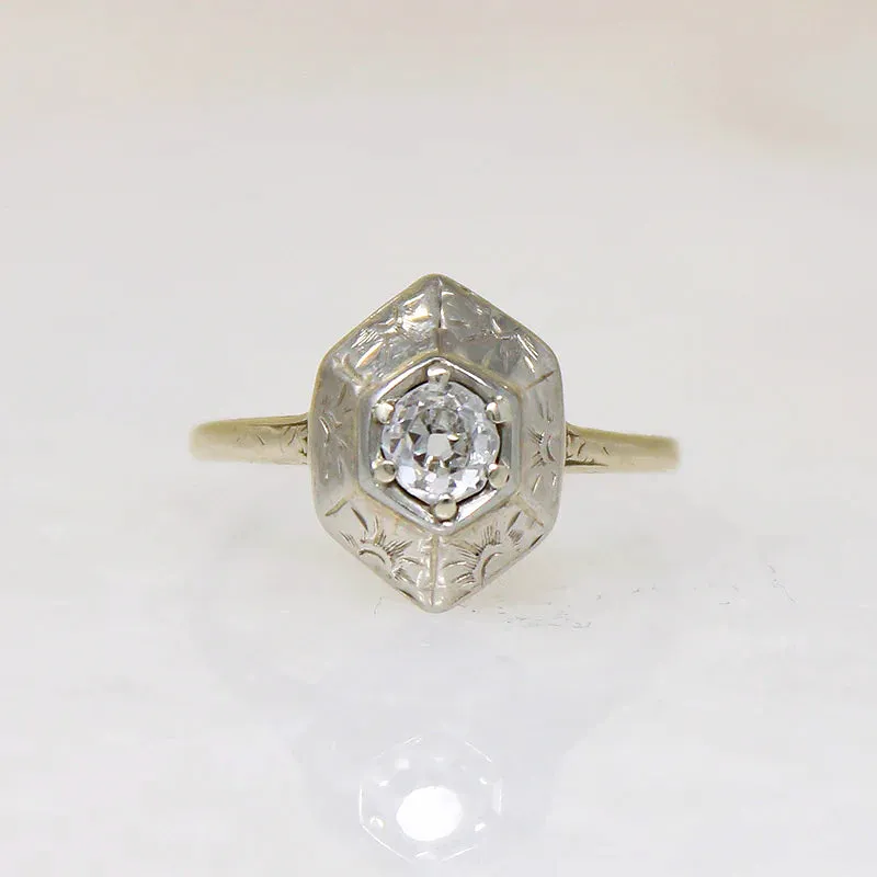 Decorative Old Mine Cut Diamond in White & Green Gold Ring