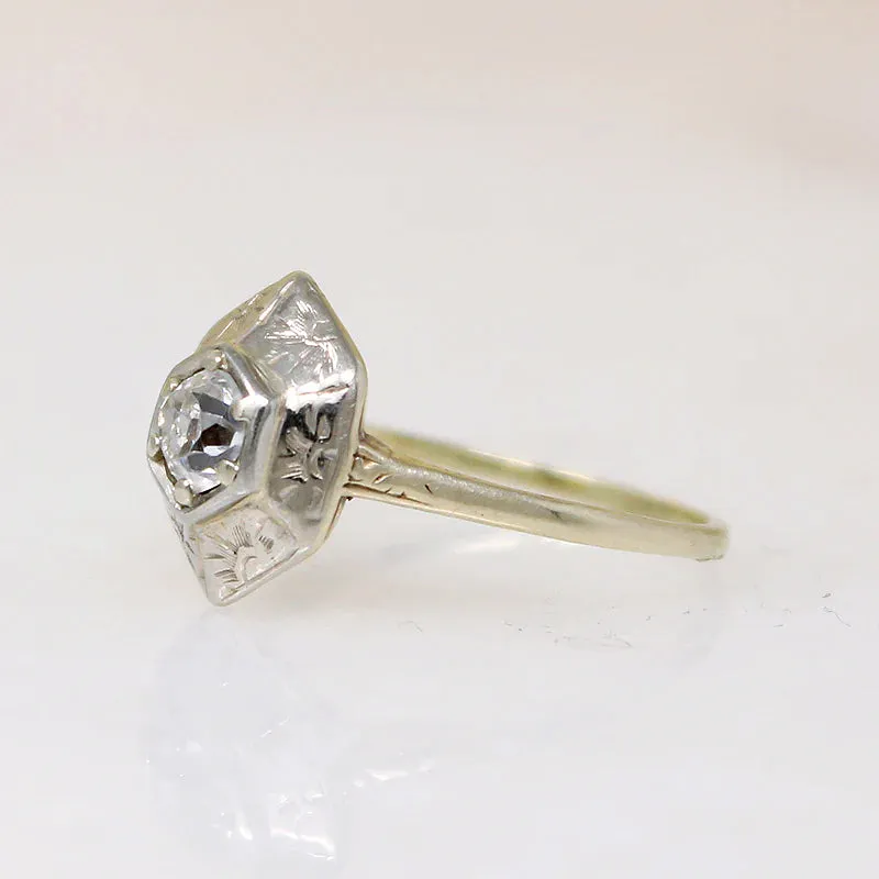 Decorative Old Mine Cut Diamond in White & Green Gold Ring