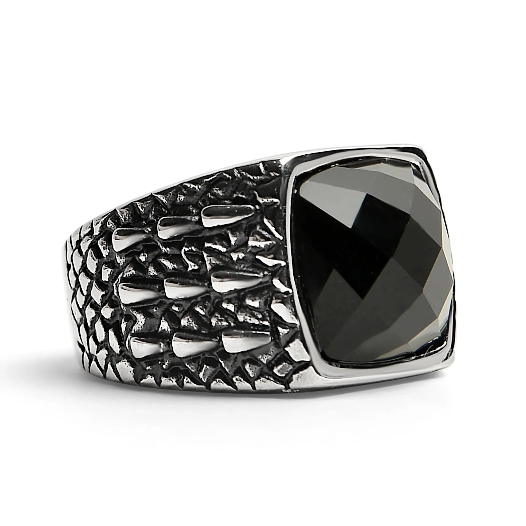 Detailed Cubed Center Black Stone Stainless Steel Ring / SCR4020