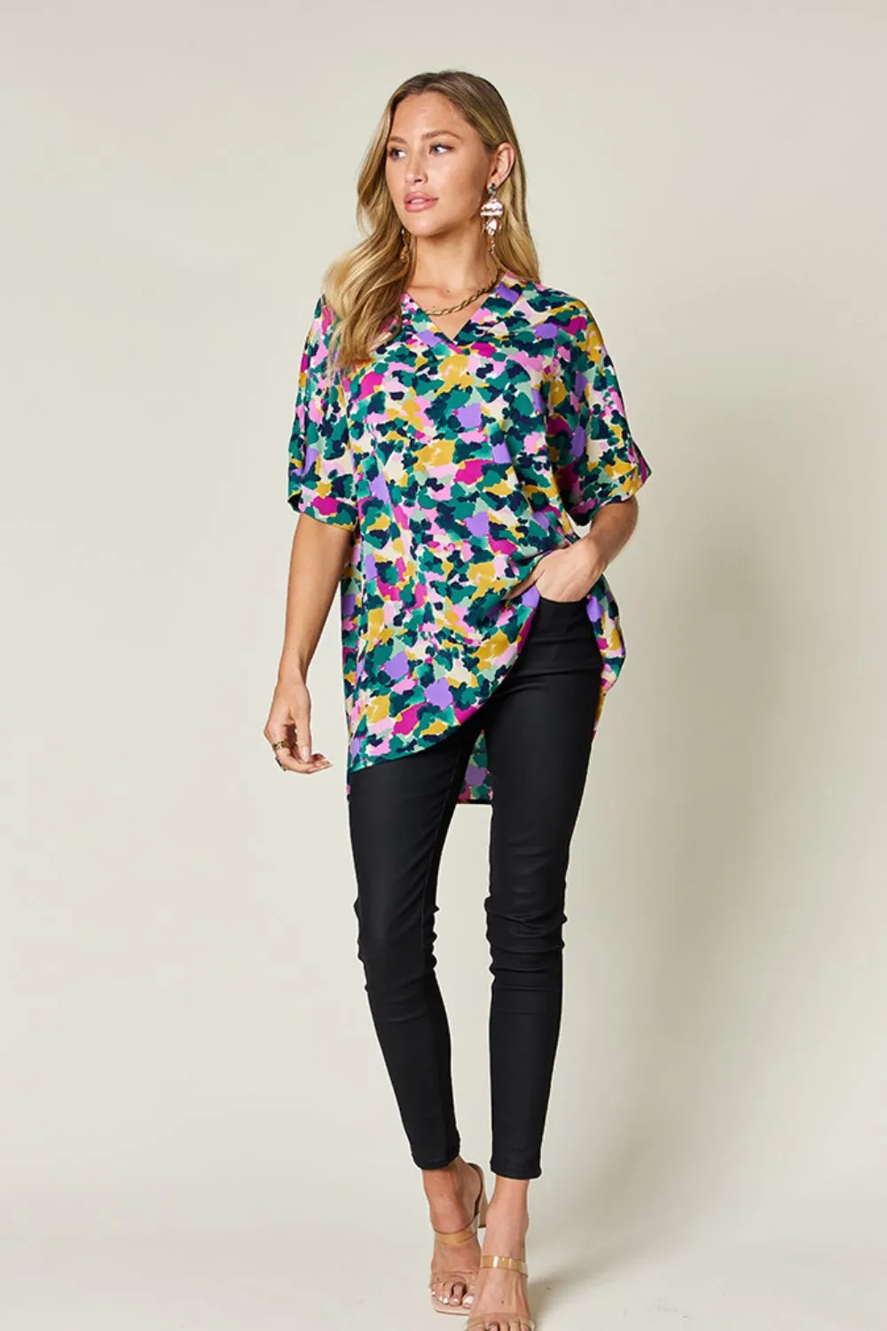 Double Take Full Size Printed V-Neck Short Sleeve Side Slit Top