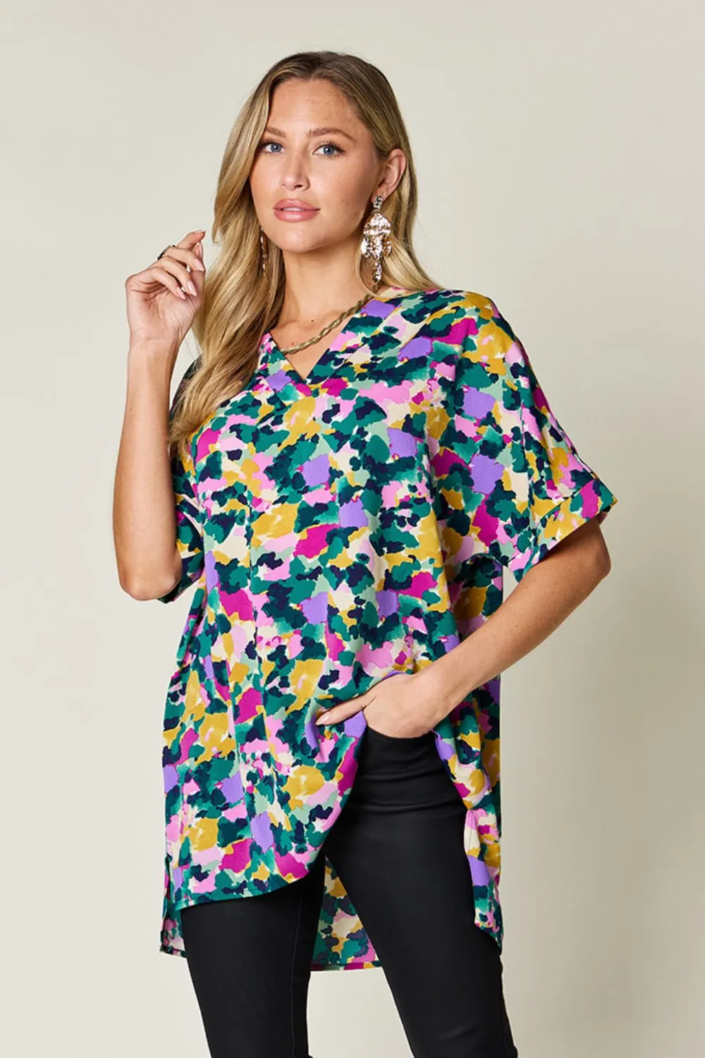 Double Take Full Size Printed V-Neck Short Sleeve Side Slit Top