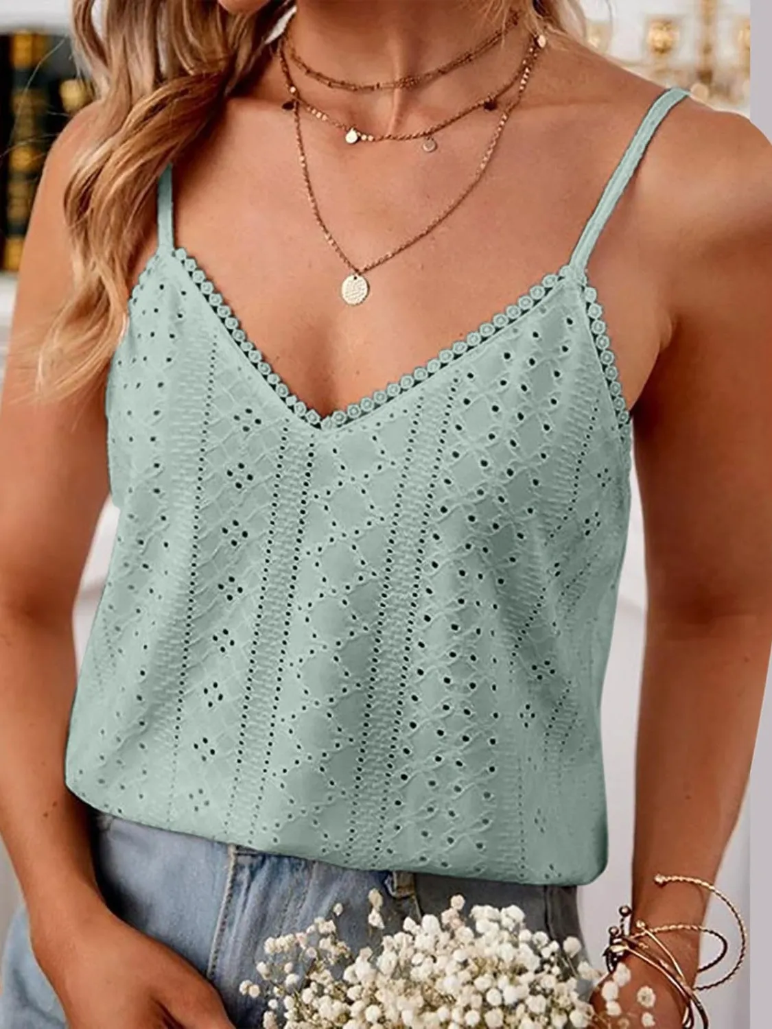 Eyelet Lace Detail V-Neck Cami