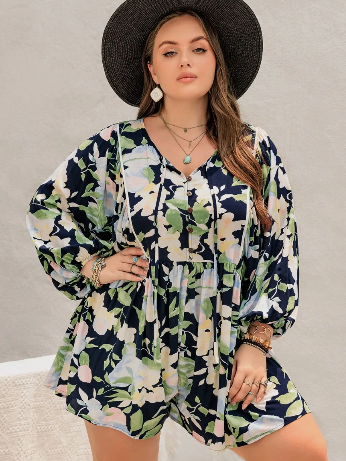 Floral Tie Neck Long Sleeve Romper (XL - 4X)