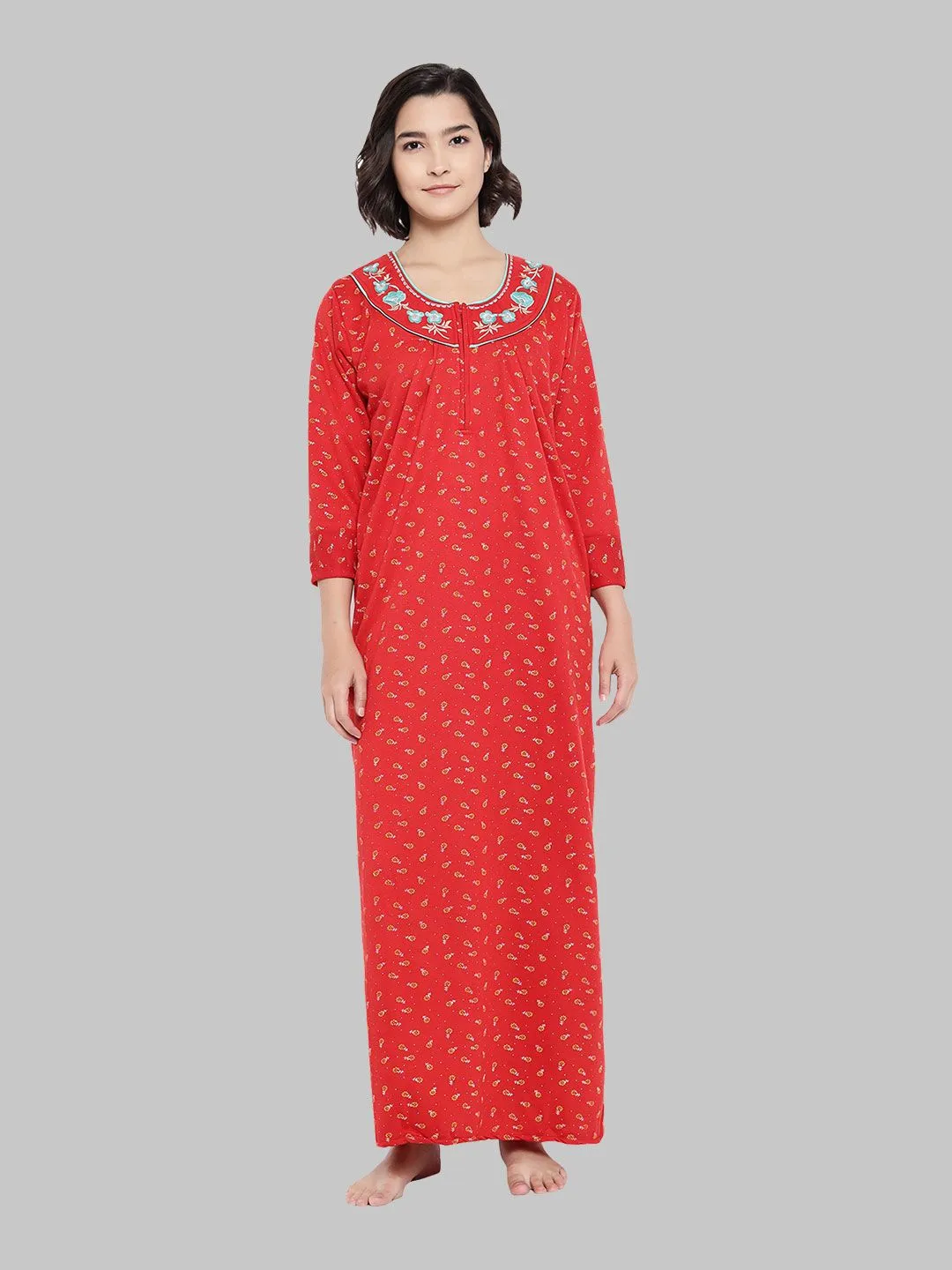 Floral Woolen Nighty - Red & Golden