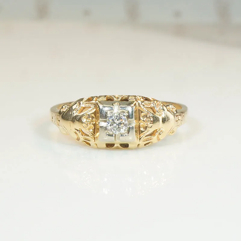 Flowers & Diamond 1930s Two-Tone Gold Engagement Ring