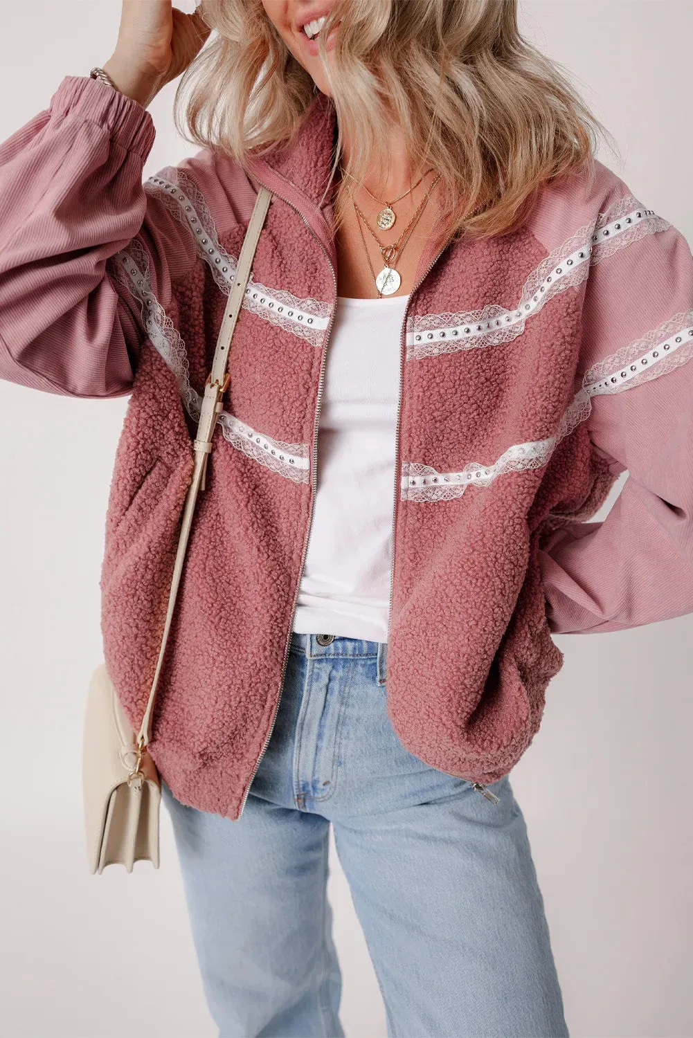 Fuzzy Lace Detail Zip Up Long Sleeve Jacket