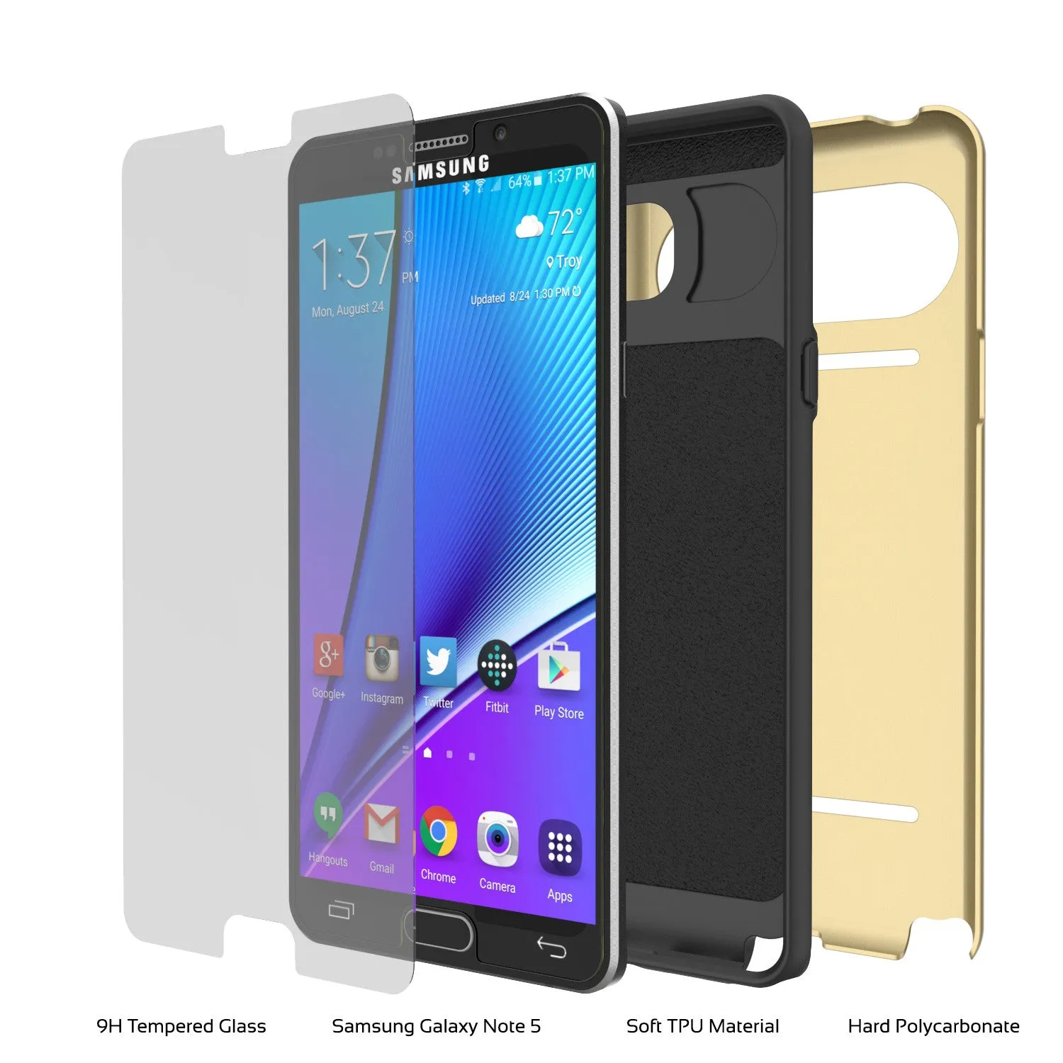 Galaxy Note 5 Case PunkCase CLUTCH Gold Series Slim Armor Soft Cover Case w/ Tempered Glass