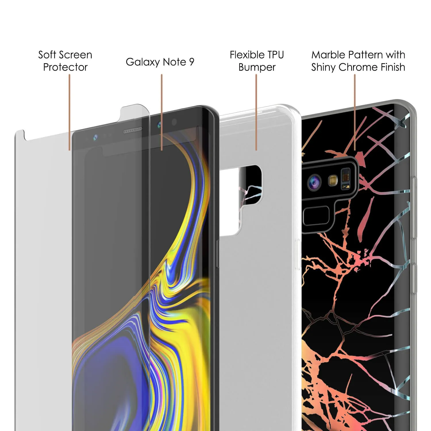 Galaxy Note 9 Full Body W/ Screen Protector Marble Case (Black Mirage)