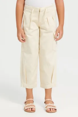 Girls Beige Plain Cargo Pocket Jeggings