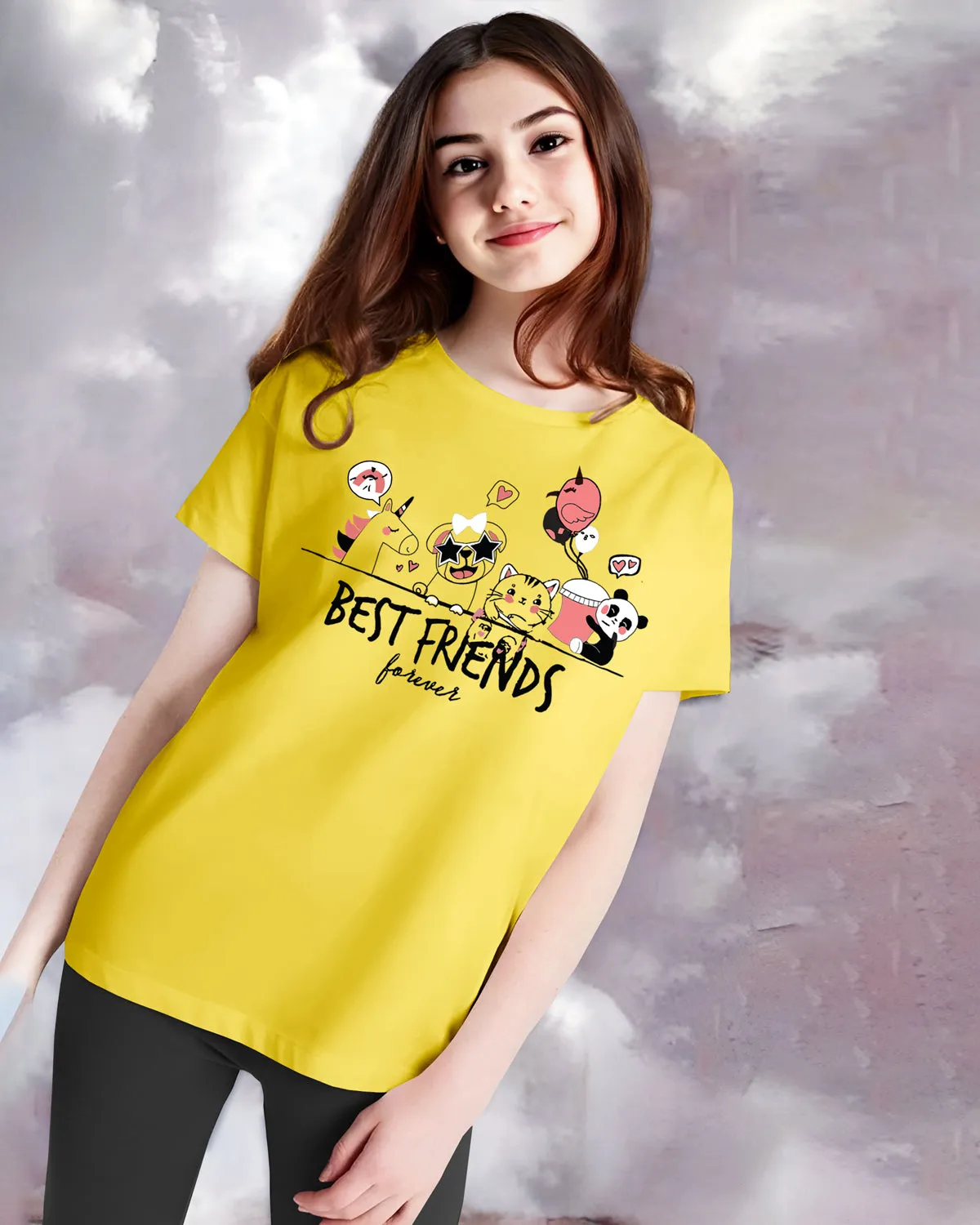 Girls Yellow Graphic Printed Round Neck Half Sleeve T-Shirt