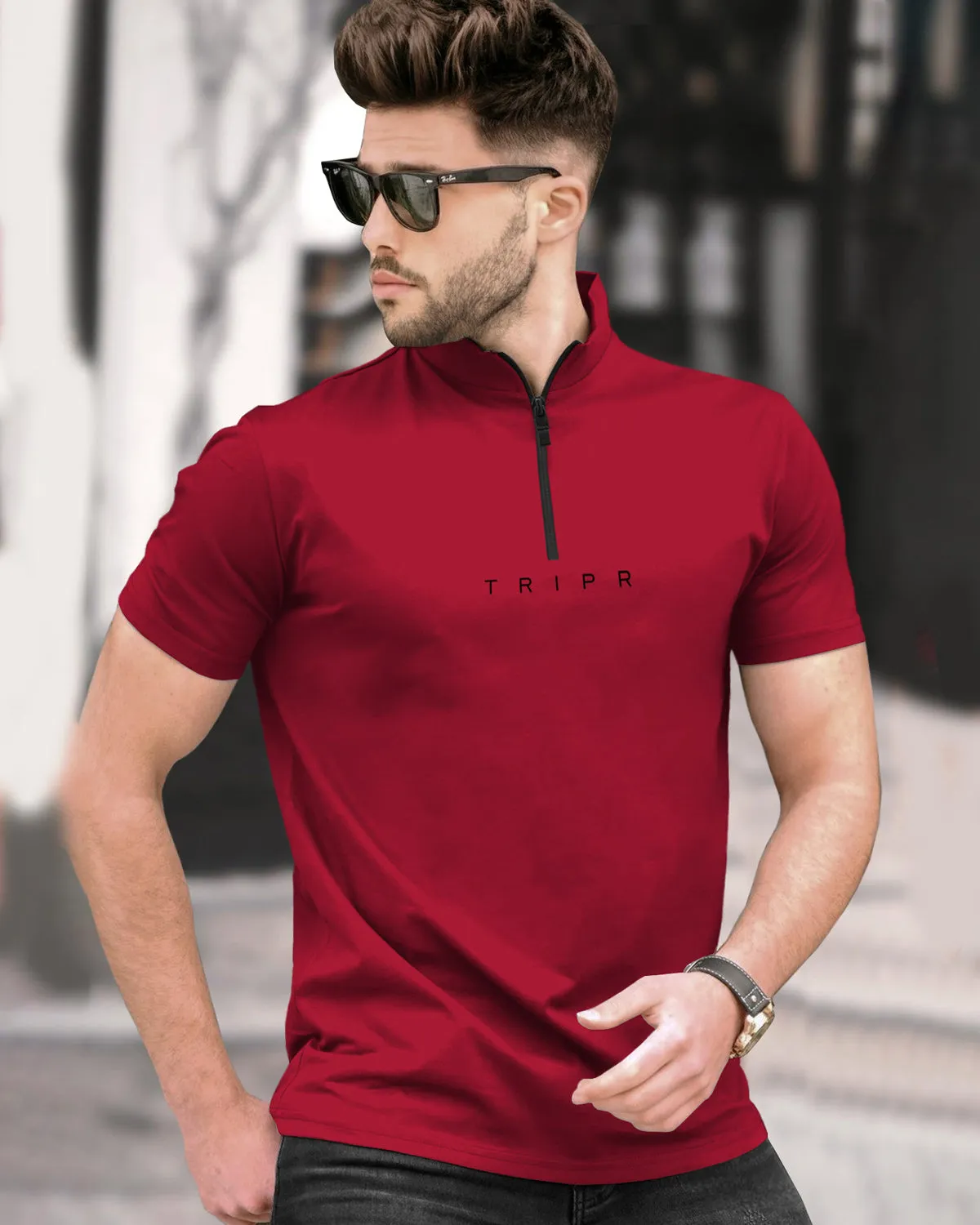 Half / Full Sleeves Plain Red zipper Neck T-Shirt