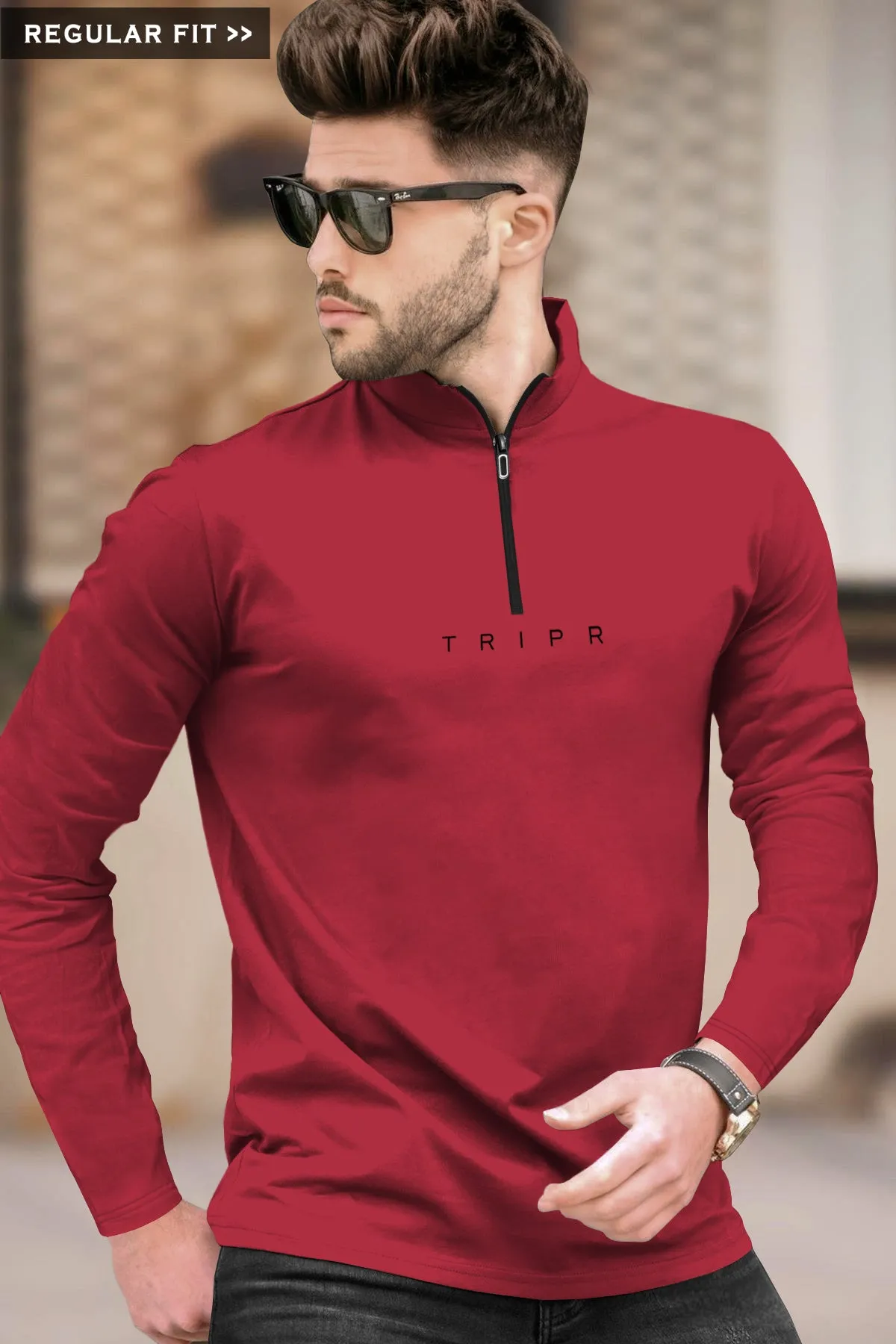 Half / Full Sleeves Plain Red zipper Neck T-Shirt